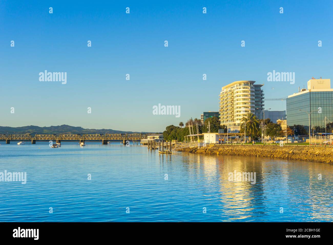 Tauranga Waterfront e business District buidlings catturati sul bagliore dorato di alba attraverso idilliaco porto. Foto Stock
