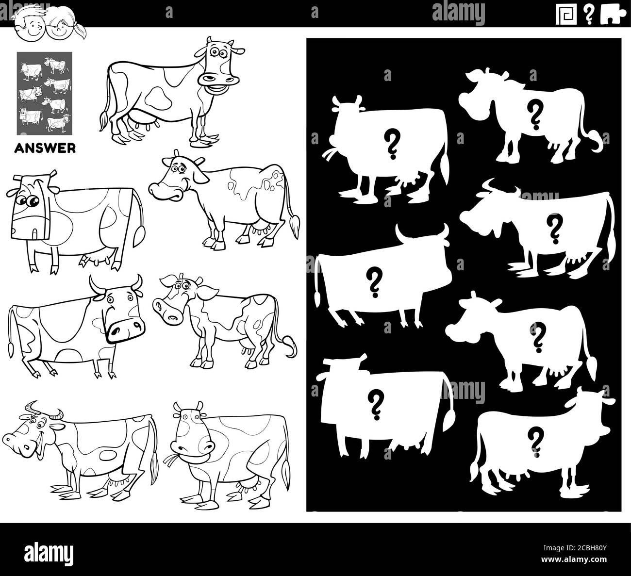 Cartoni in bianco e nero Illustrazione di oggetti Match e il Forma destra o silhouette con mucche Farm Animal Characters Educational Gioco per bambini Illustrazione Vettoriale