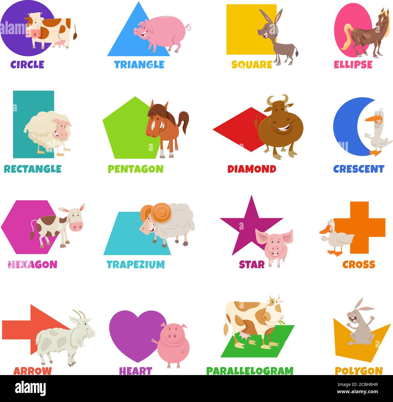Cartoni didattici Illustrazione di forme geometriche con didascalie e cute Animali da fattoria per bambini in età prescolare ed elementare Illustrazione Vettoriale