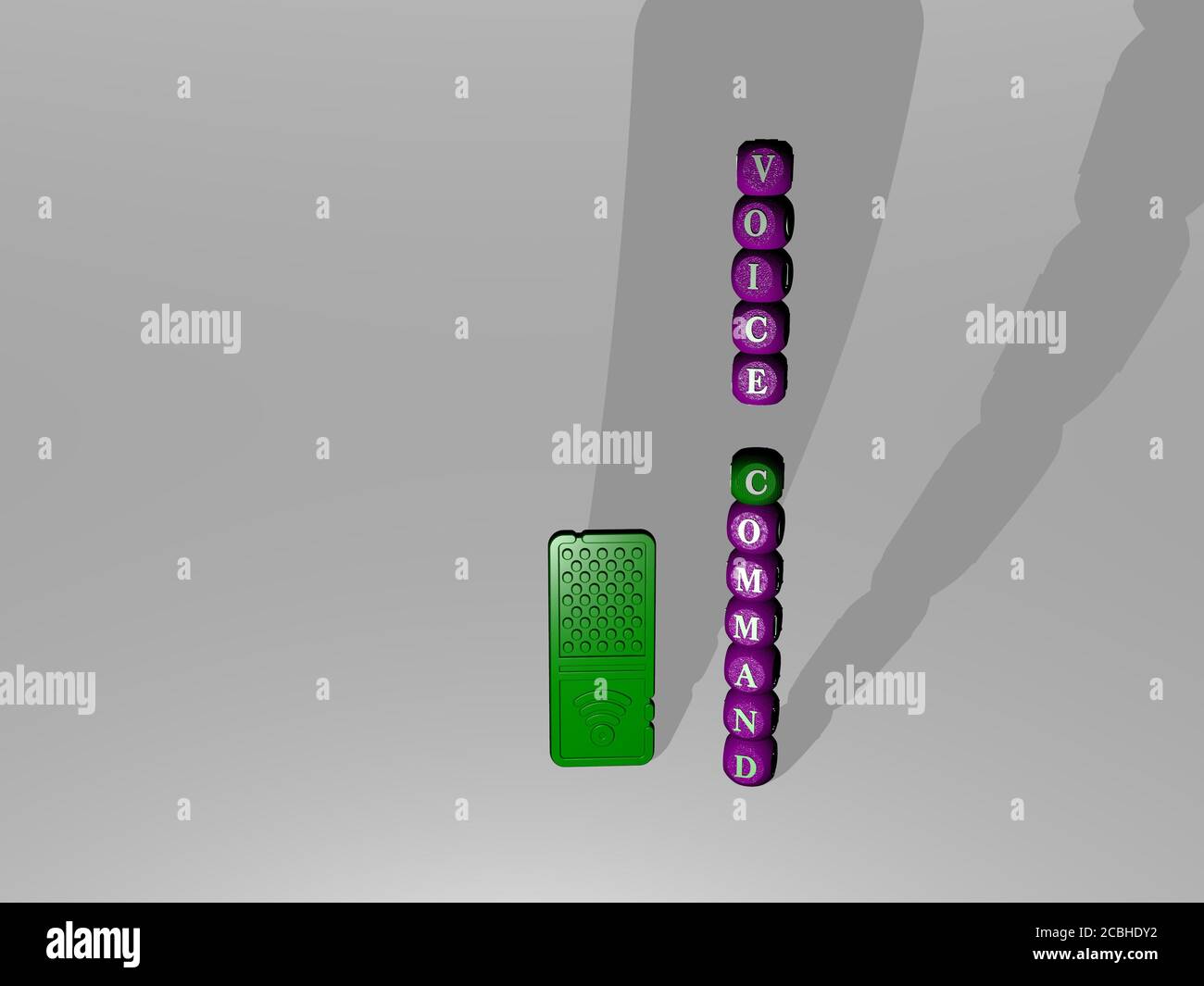 Testo DEL COMANDO VOCALE accanto all'icona 3D - illustrazione 3D per sfondo e suono Foto Stock