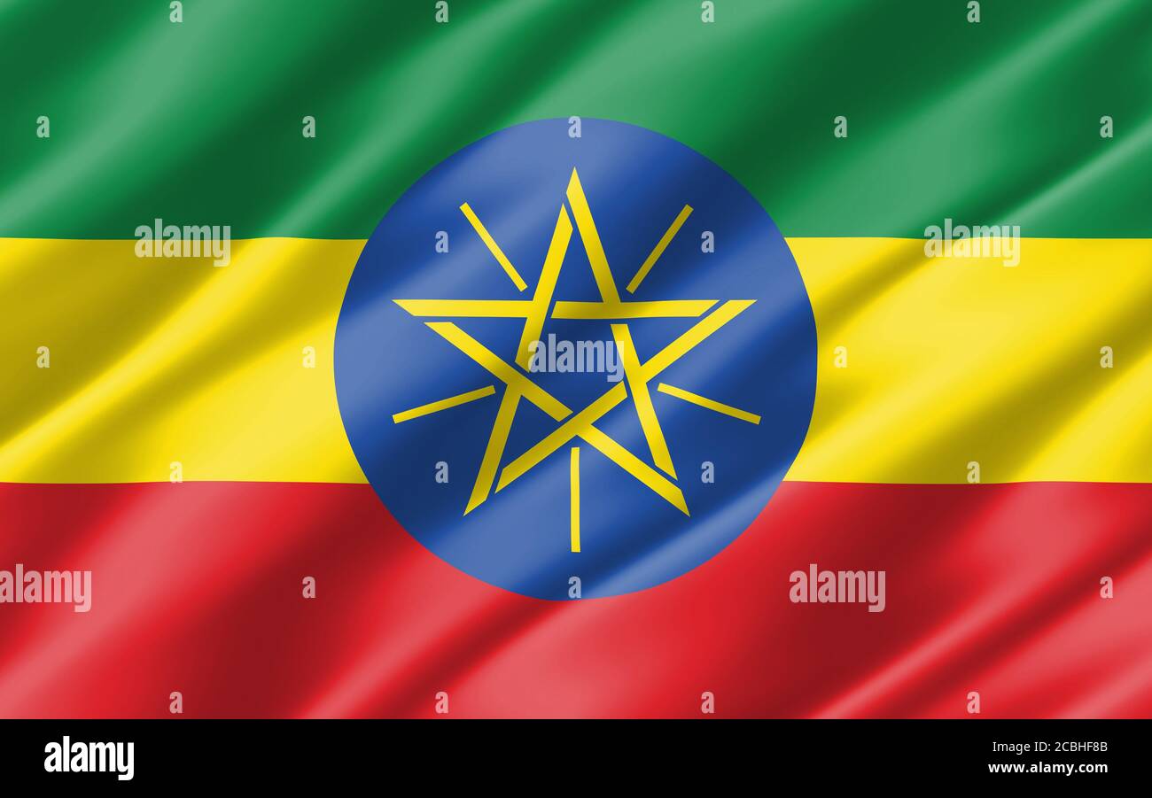 Bandiera di seta ondulata dell'Etiopia grafica. Immagine 3D con bandiera etiope ondulata. La bandiera dell'Etiopia increspata è un simbolo di libertà, patriottismo e indipendenza Foto Stock