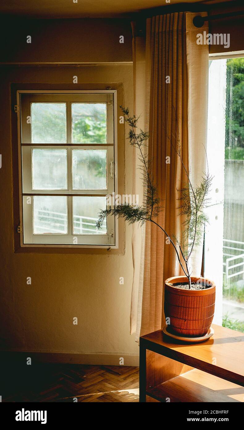 Disposizione in stile loft in colori scuri, open space, vista interna di vari caffè. Welcome open coffee shop sfondo Foto Stock