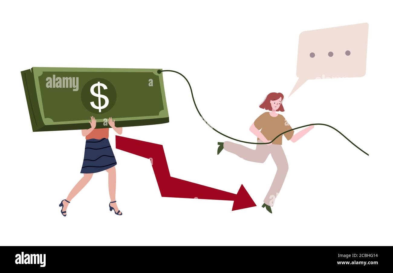 La gente porta i soldi grandi legati corda fondo frecce giù le donne corrono con il concetto di parlare di bolla di corruzione degrada economia stile piano cartone animato. Illustrazione Vettoriale