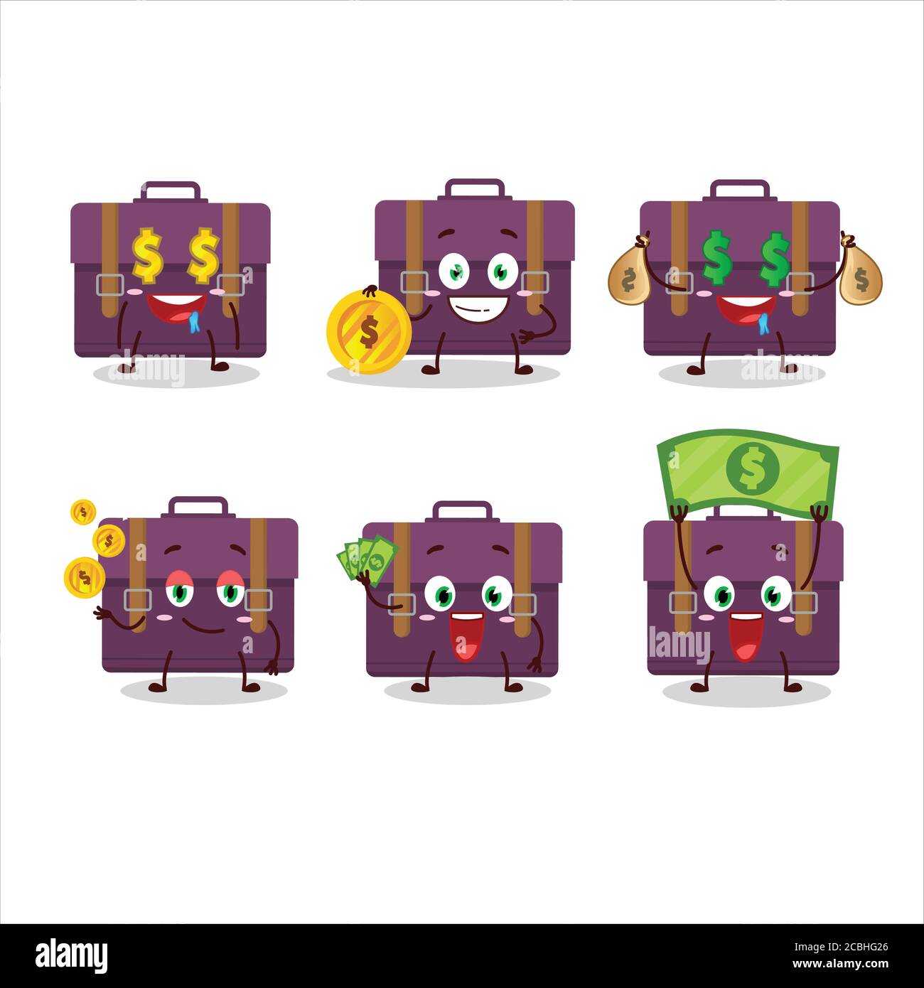 Porpora valigia cartoon carattere con simpatico emoticon portare denaro  Immagine e Vettoriale - Alamy