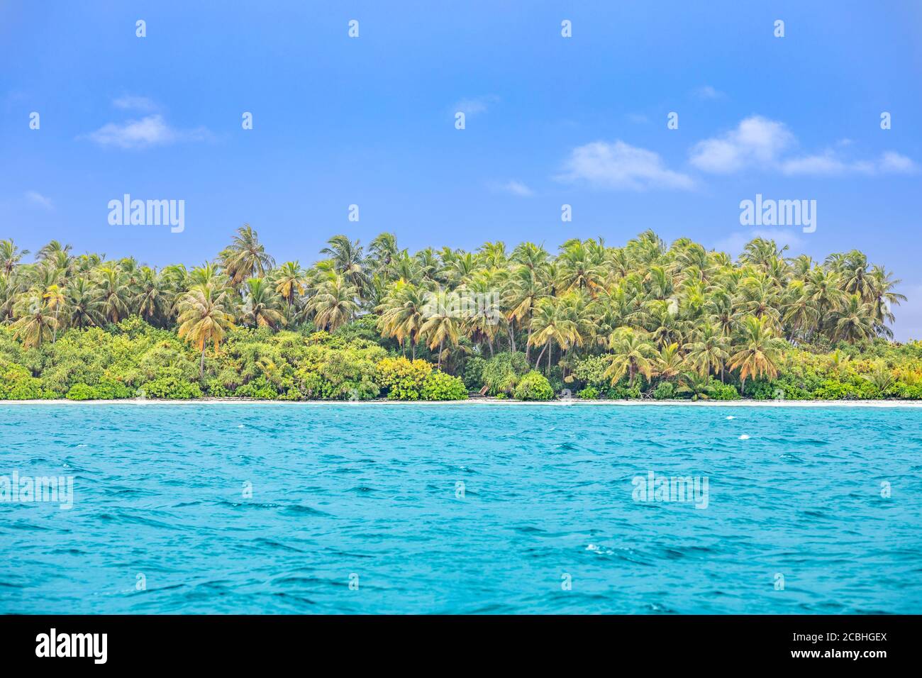 Spiaggia tropicale, paradiso dell'isola dall'oceano blu. Paesaggio aereo, mare, cielo blu. TR Foto Stock