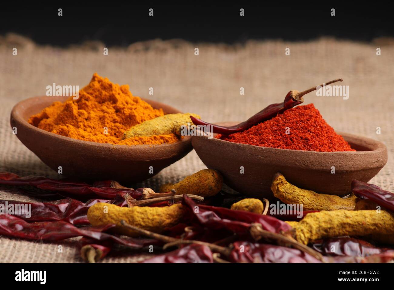 Spezie indiane Chili e polvere curcuma in una pentola di argilla con peperoncino rosso e radice curcuma su uno sfondo di iuta. Foto Stock