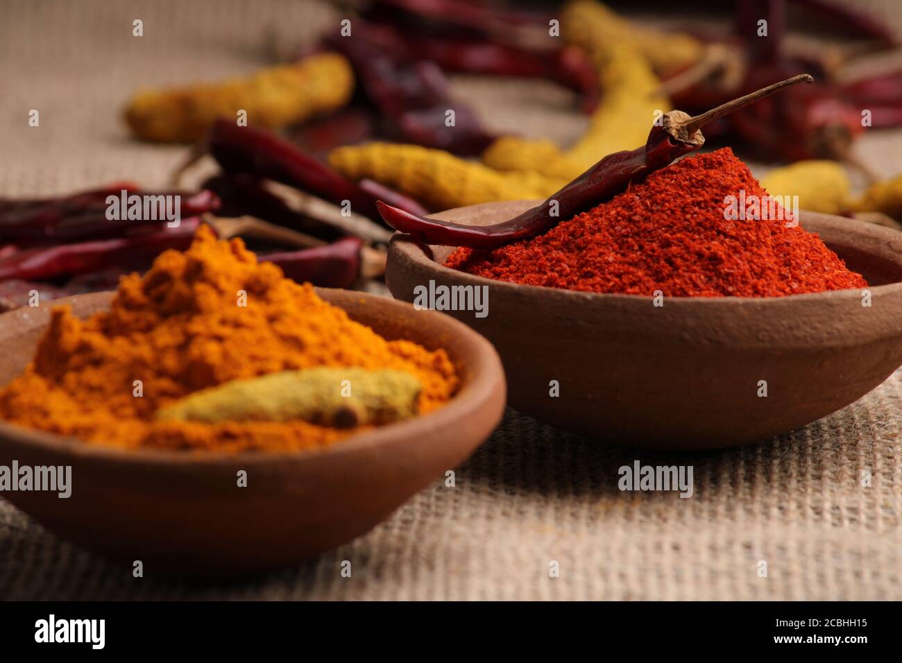 Spezie indiane Chili e polvere curcuma in una pentola di argilla con peperoncino rosso e radice curcuma su uno sfondo di iuta. Foto Stock