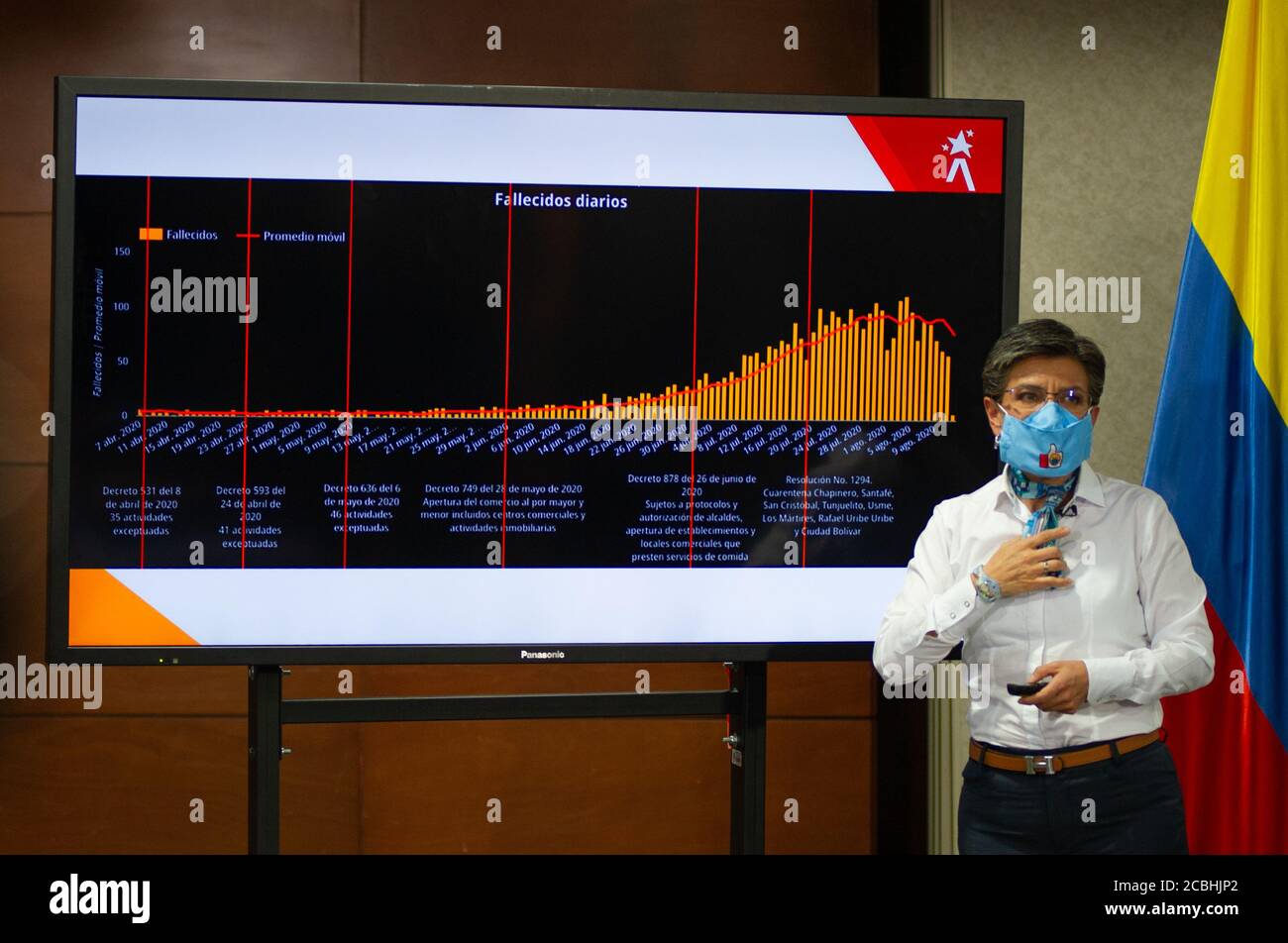 L'ex sindaco di Bogotà, Claudia Lopez, annuncia nuovi blocchi settorizzati che iniziano domenica 16 agosto a mezzanotte e terminano su Agust 30, il piano per Foto Stock