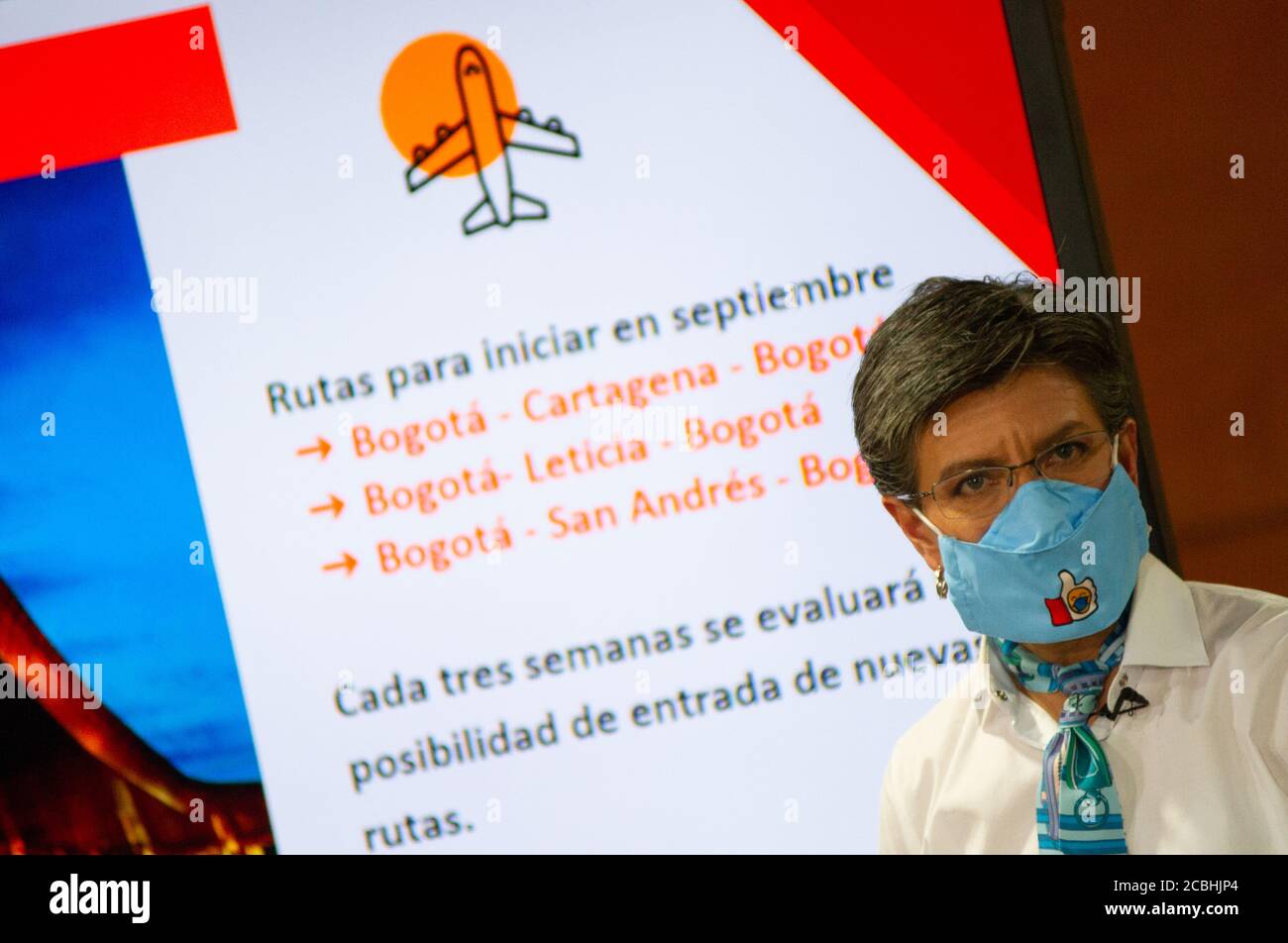 L'ex sindaco di Bogotà, Claudia Lopez, annuncia nuovi blocchi settorizzati che iniziano domenica 16 agosto a mezzanotte e terminano su Agust 30, il piano per Foto Stock