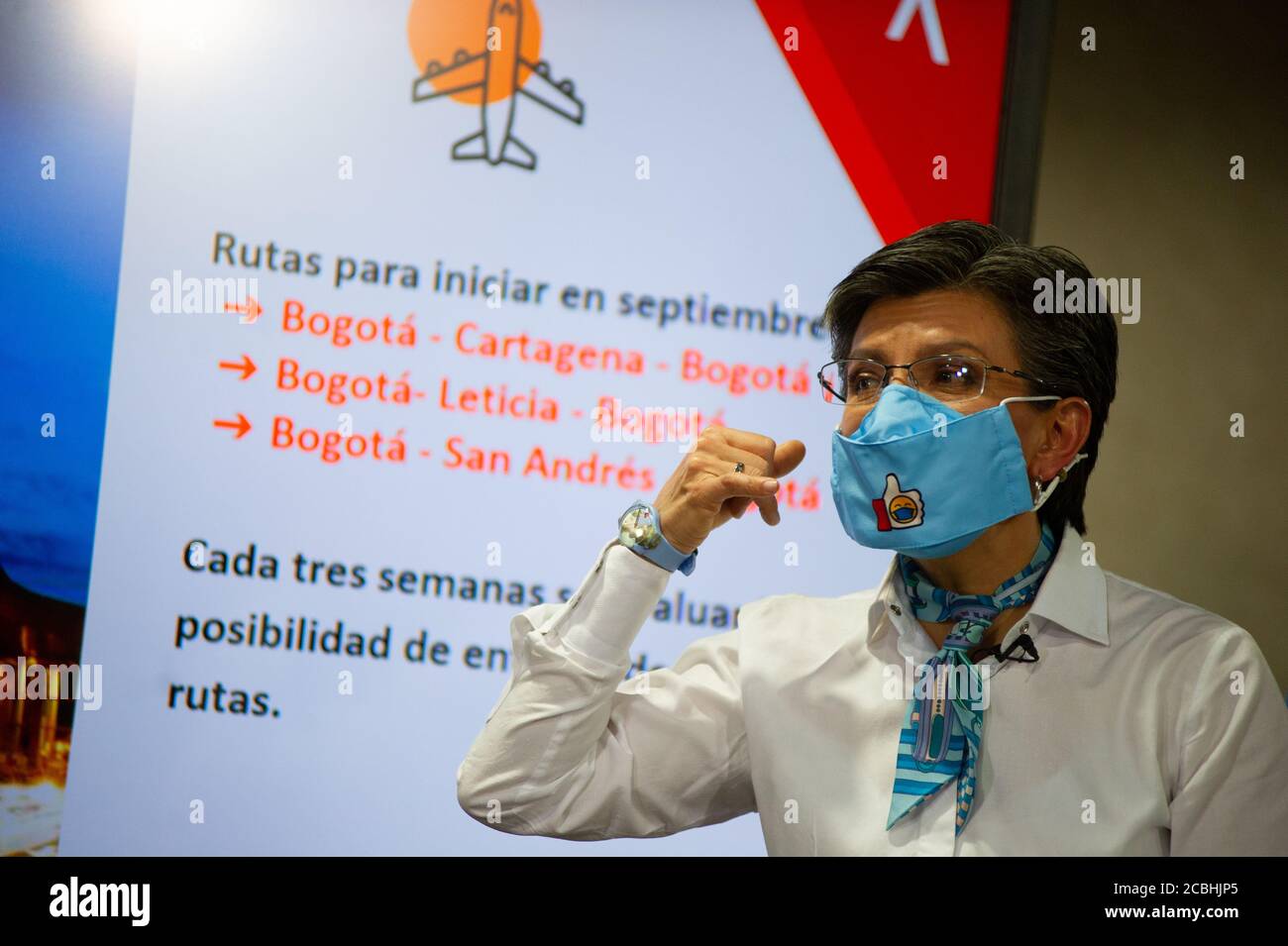 L'ex sindaco di Bogotà, Claudia Lopez, annuncia nuovi blocchi settorizzati che iniziano domenica 16 agosto a mezzanotte e terminano su Agust 30, il piano per Foto Stock