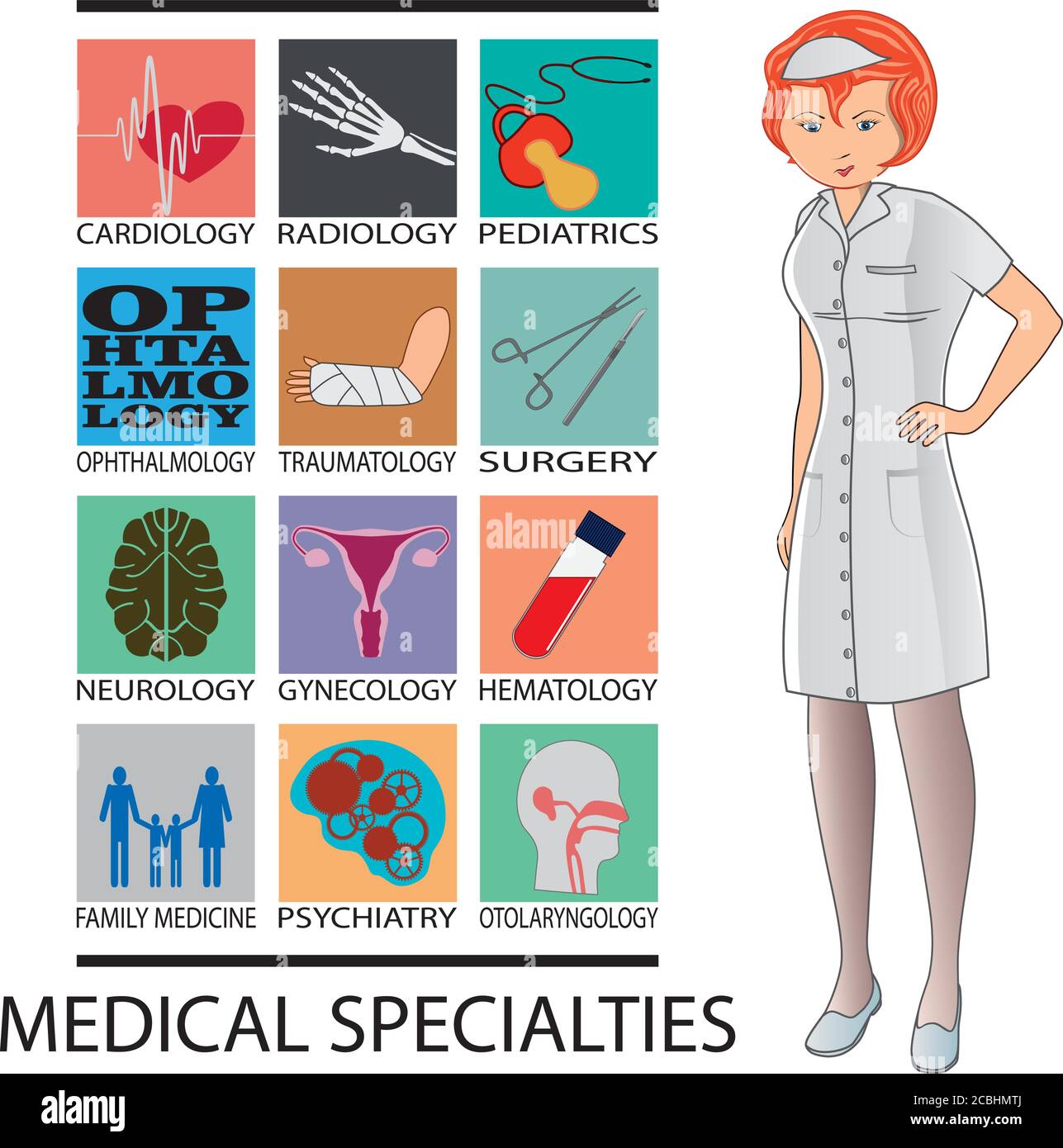 icone di infermiere e specialità mediche su sfondo bianco Illustrazione Vettoriale