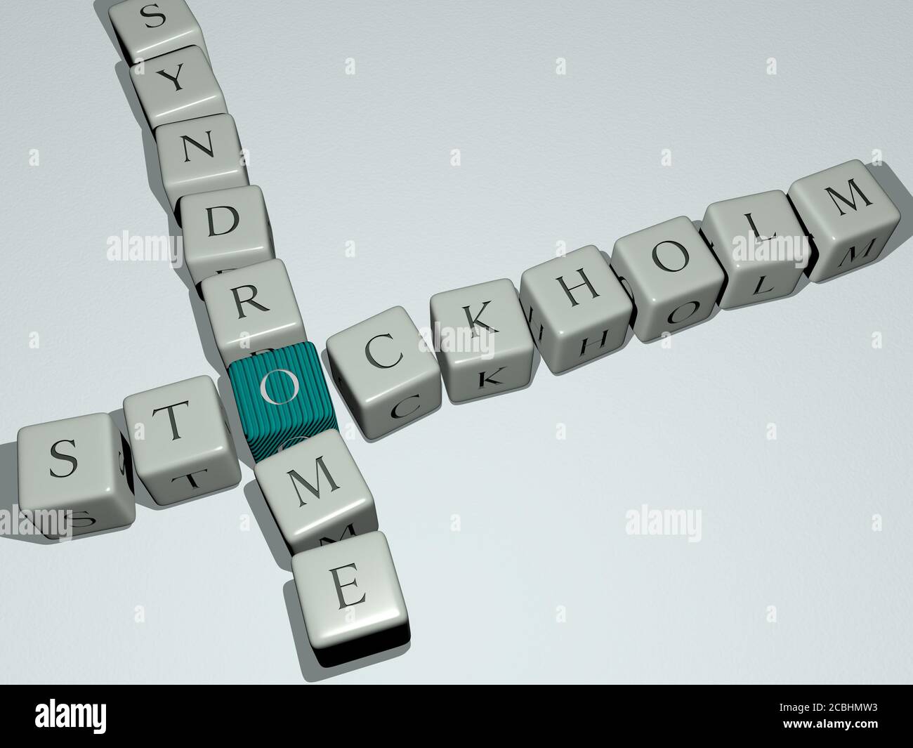 Sindrome di Stoccolma crossword da lettere cubiche di dadi - illustrazione 3D per la svezia e la città Foto Stock