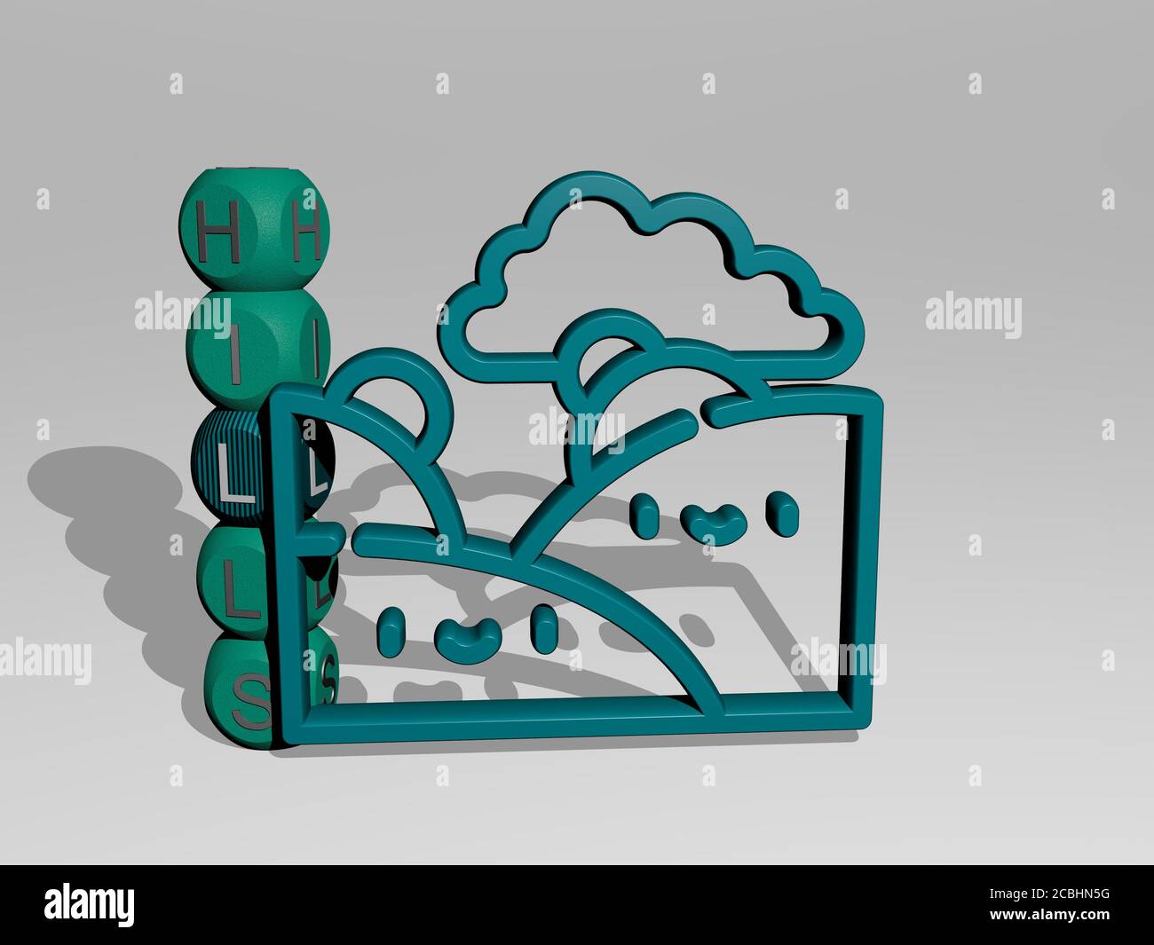 ICONA 3D E testo con lettere a dadi - illustrazione 3D per il paesaggio e bello Foto Stock
