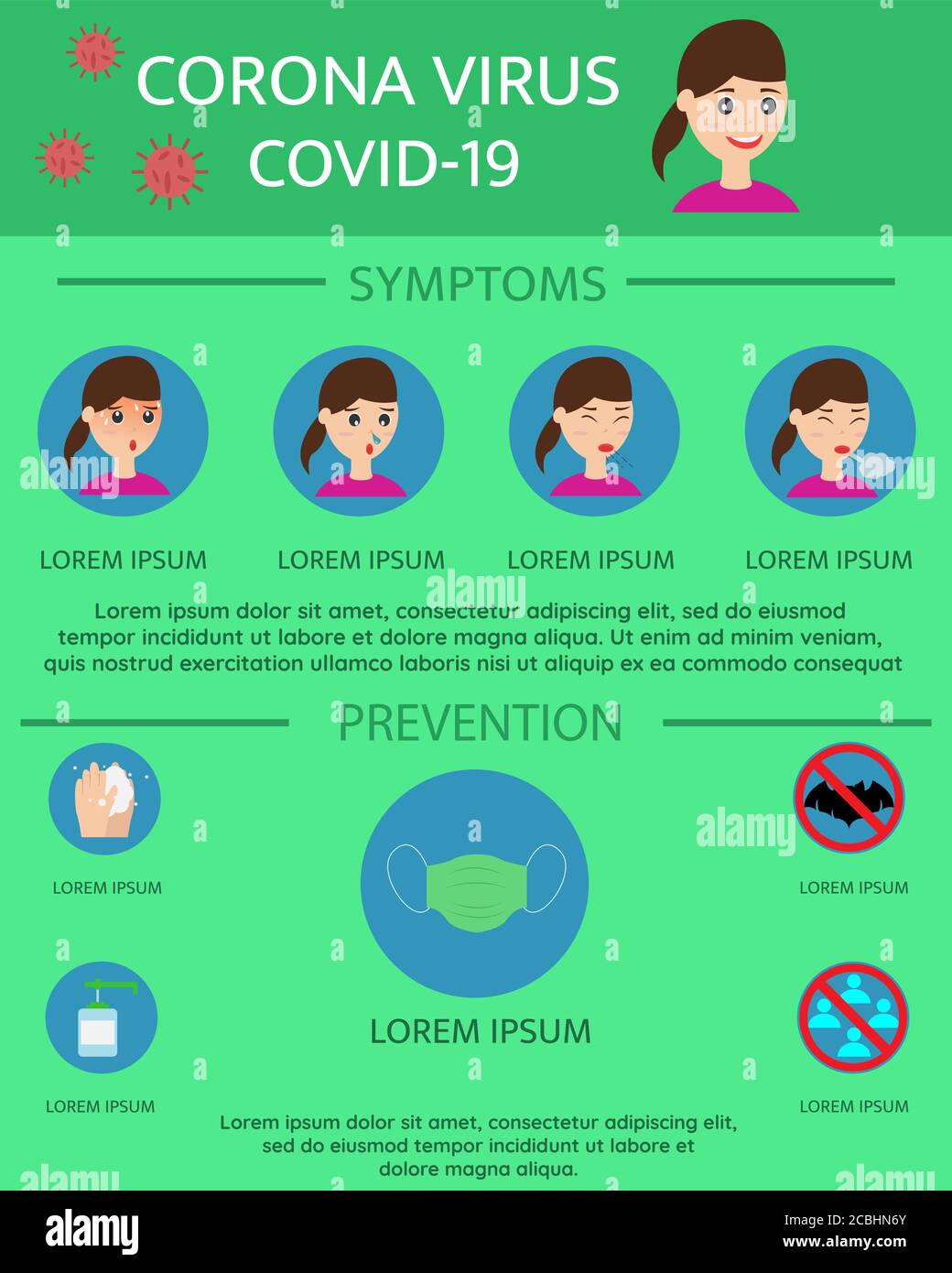 Disegno vettoriale di illustrazione dei sintomi del coronavirus covid-19 e infografiche di prevenzione Illustrazione Vettoriale