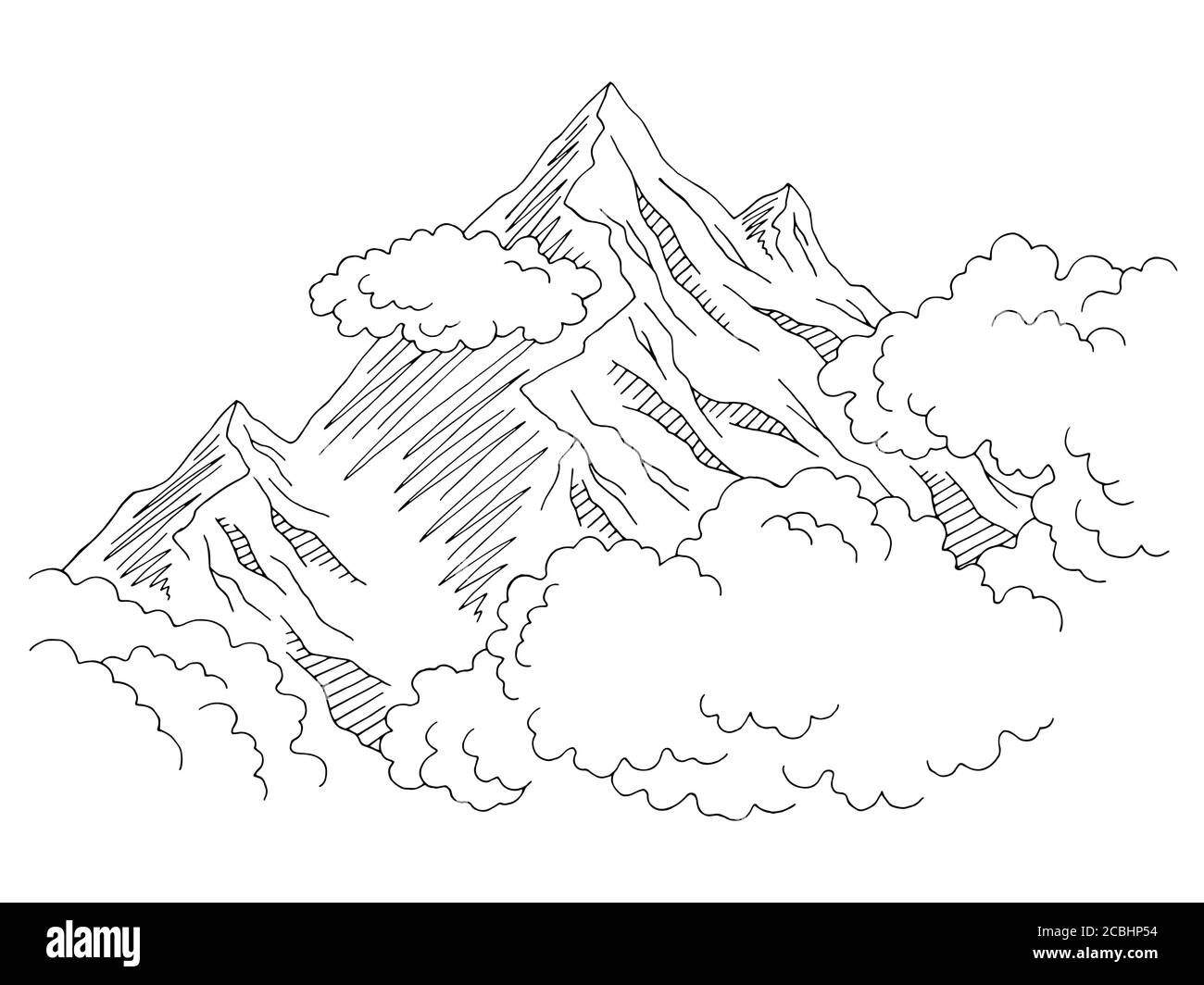 Montagne nuvole grafica bianco nero disegno paesaggio vettore illustrazione Illustrazione Vettoriale