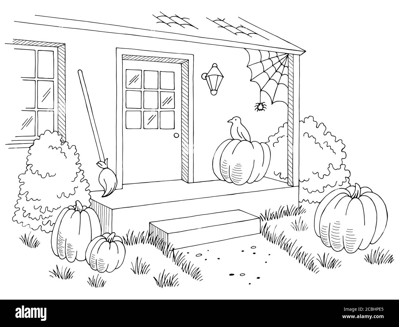 Halloween casa decorazione esterna grafica nero bianco disegno illustrazione vettore Illustrazione Vettoriale