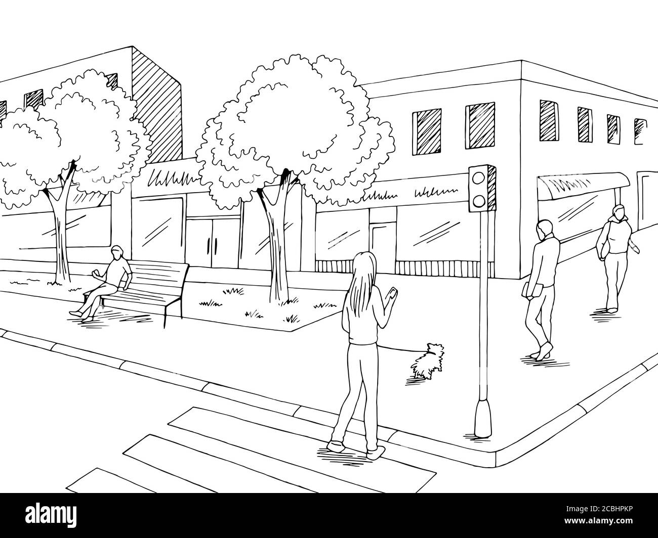 Grafico stradale nero bianco città disegno paesaggio vettore illustrazione Illustrazione Vettoriale