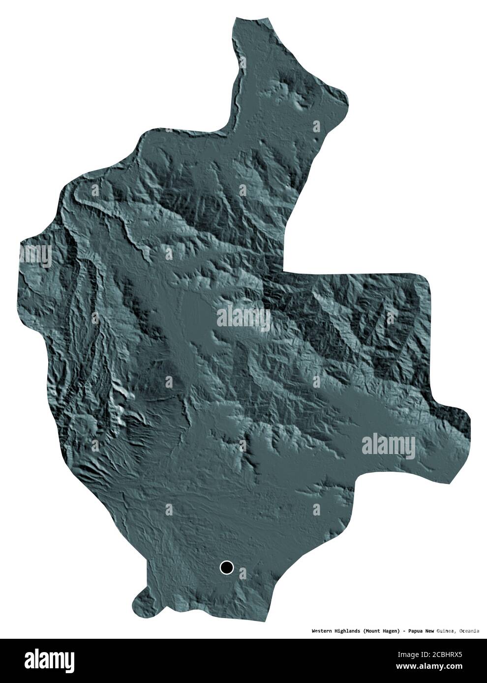 Forma delle Highlands occidentali, provincia di Papua Nuova Guinea, con la sua capitale isolata su sfondo bianco. Mappa di elevazione colorata. Rendering 3D Foto Stock