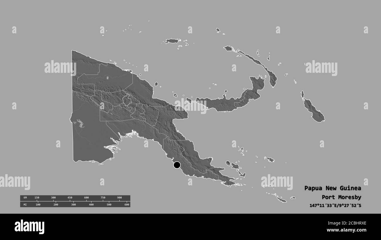Forma desaturata della Papua Nuova Guinea con la sua capitale, la principale divisione regionale e l'area separata delle Highlands occidentali. Etichette. Mappa elevazione bilivello Foto Stock
