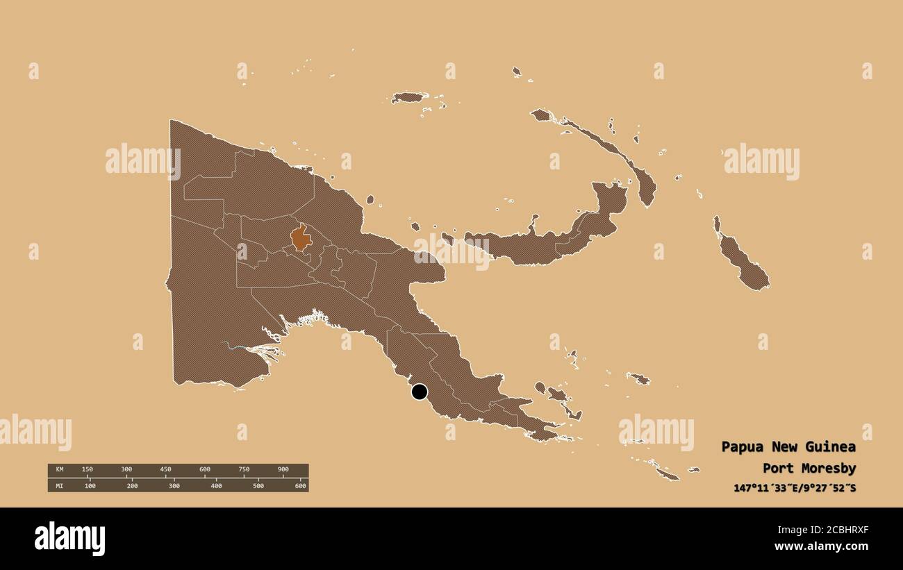 Forma desaturata della Papua Nuova Guinea con la sua capitale, la principale divisione regionale e l'area separata delle Highlands occidentali. Etichette. Composizione di regula Foto Stock