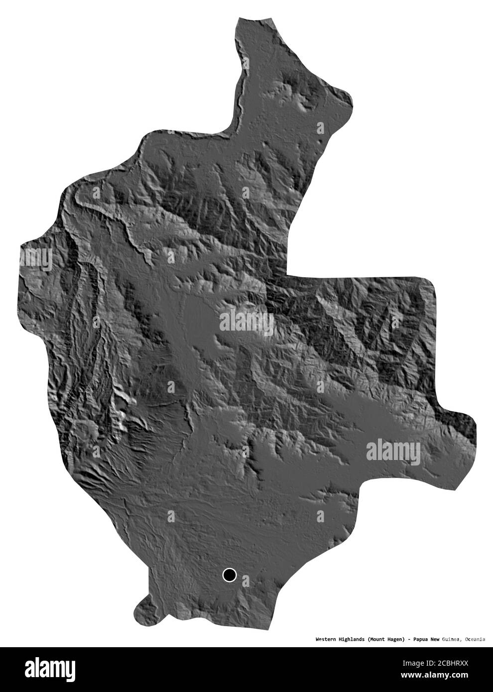Forma delle Highlands occidentali, provincia di Papua Nuova Guinea, con la sua capitale isolata su sfondo bianco. Mappa elevazione bilivello. Rendering 3D Foto Stock