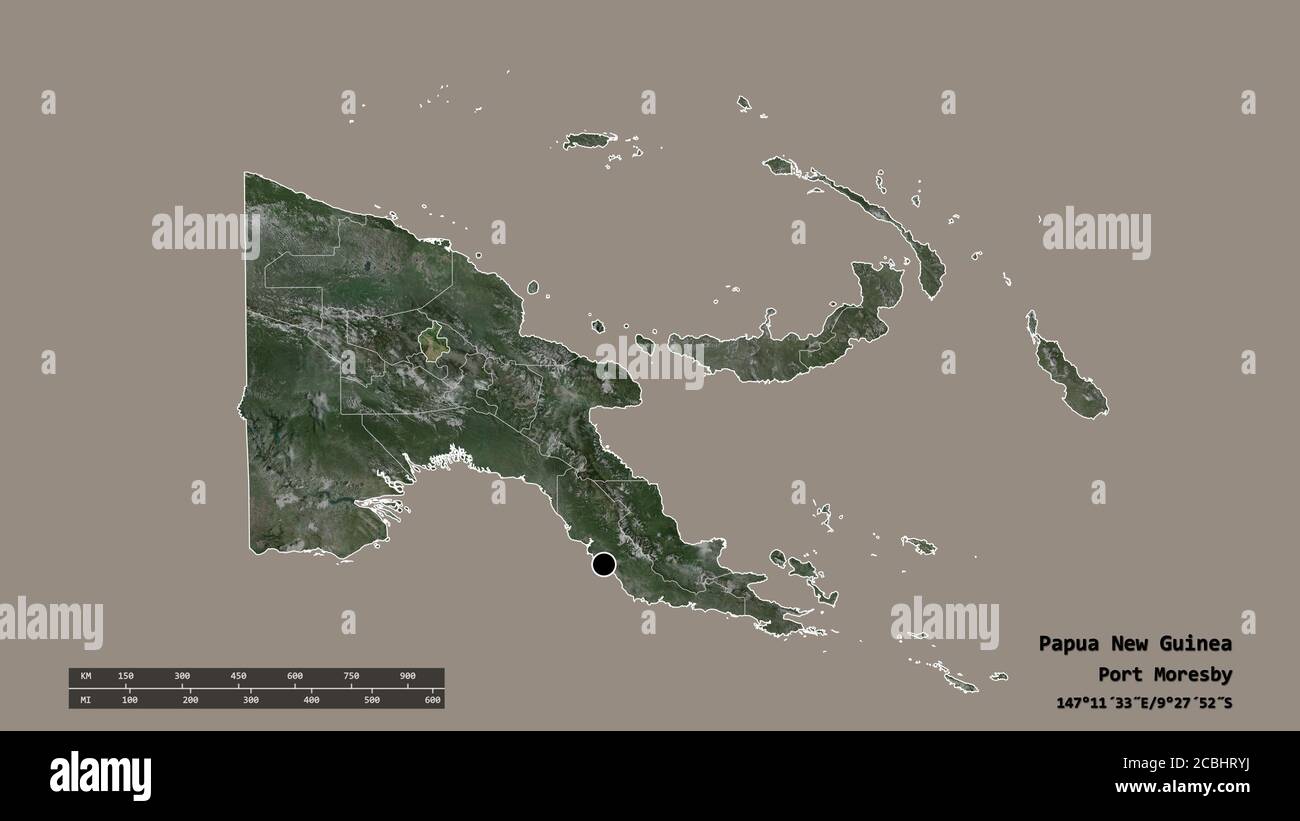 Forma desaturata della Papua Nuova Guinea con la sua capitale, la principale divisione regionale e l'area separata delle Highlands occidentali. Etichette. Immagini satellitari. 3D Foto Stock