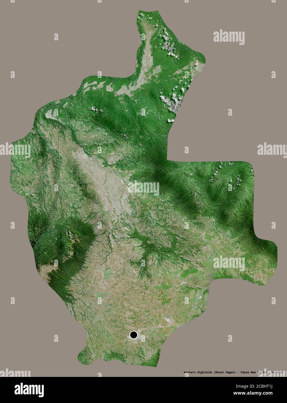 Forma delle Highlands occidentali, provincia della Papua Nuova Guinea, con la sua capitale isolata su uno sfondo di colore solido. Immagini satellitari. Rendering 3D Foto Stock