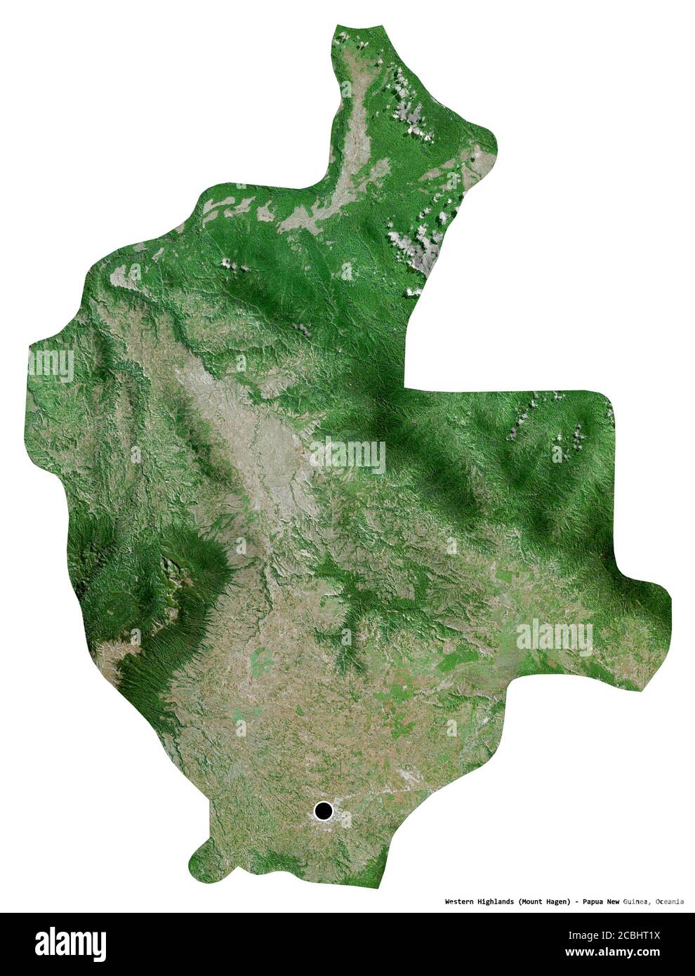 Forma delle Highlands occidentali, provincia di Papua Nuova Guinea, con la sua capitale isolata su sfondo bianco. Immagini satellitari. Rendering 3D Foto Stock