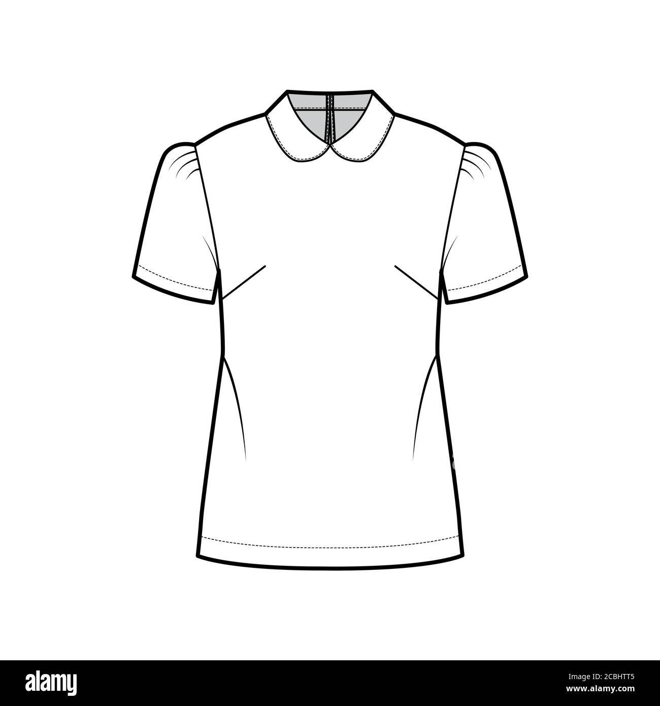 Blusa con colletto Peter Pan illustrazione tecnica di moda con maniche corte, corpo rilassato, portachiavi con chiusura a bottoni sul retro. Modello superiore di abbigliamento piatto, colore bianco. Donna uomo Unisex camicia mockup Illustrazione Vettoriale