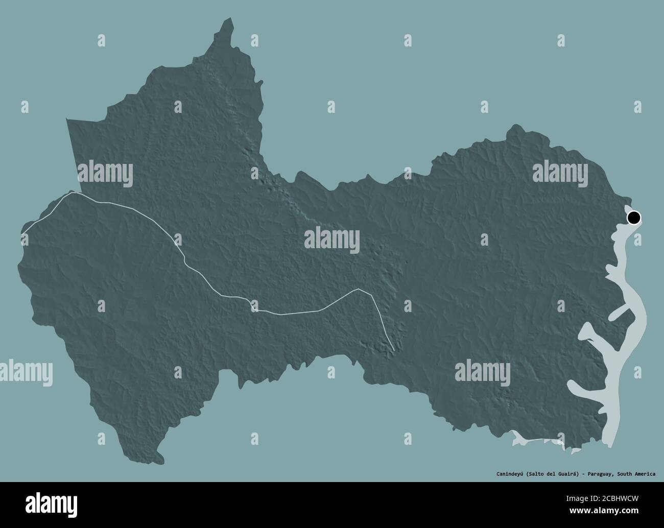 Forma di Canindeyú, dipartimento del Paraguay, con la sua capitale isolata su uno sfondo di colore pieno. Mappa di elevazione colorata. Rendering 3D Foto Stock