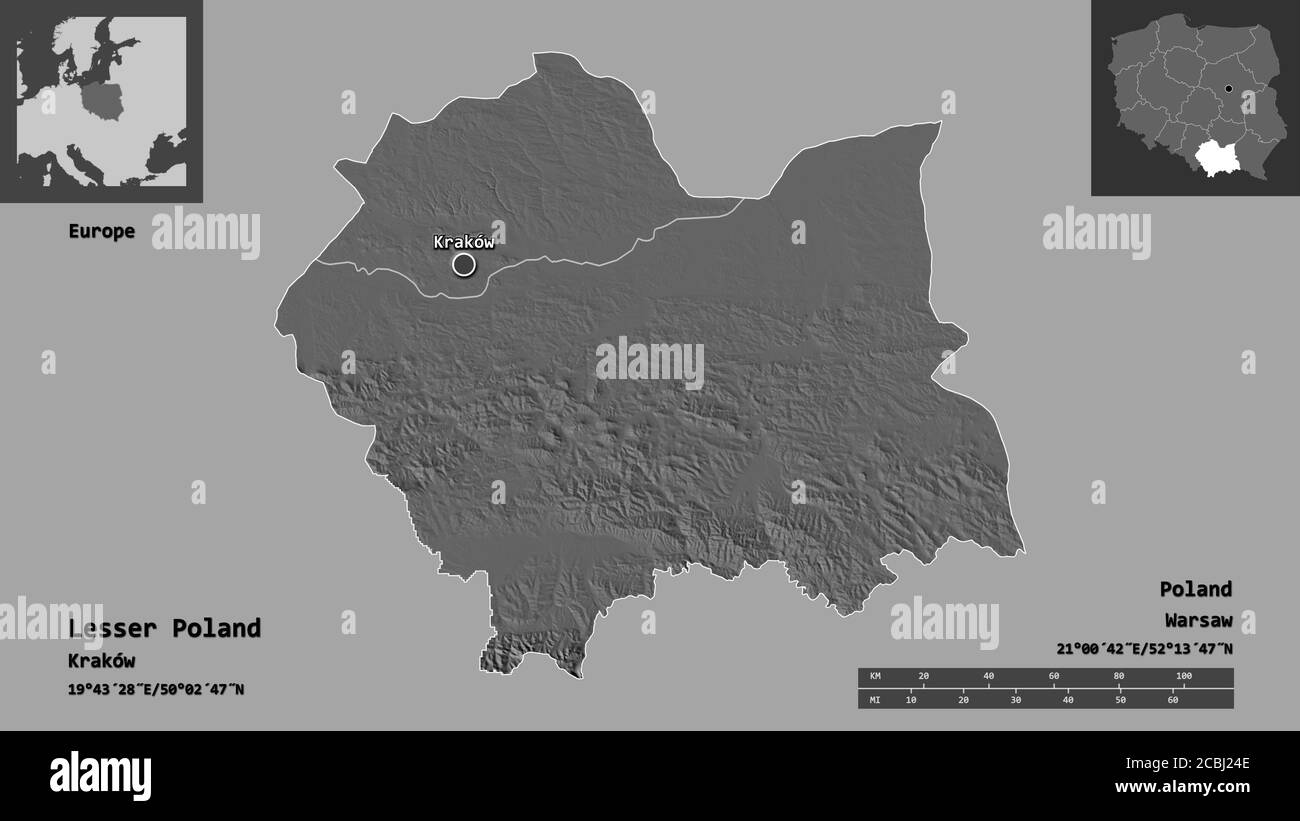 Forma della Polonia minore, voivodato di Polonia, e la sua capitale. Scala della distanza, anteprime ed etichette. Mappa elevazione bilivello. Rendering 3D Foto Stock