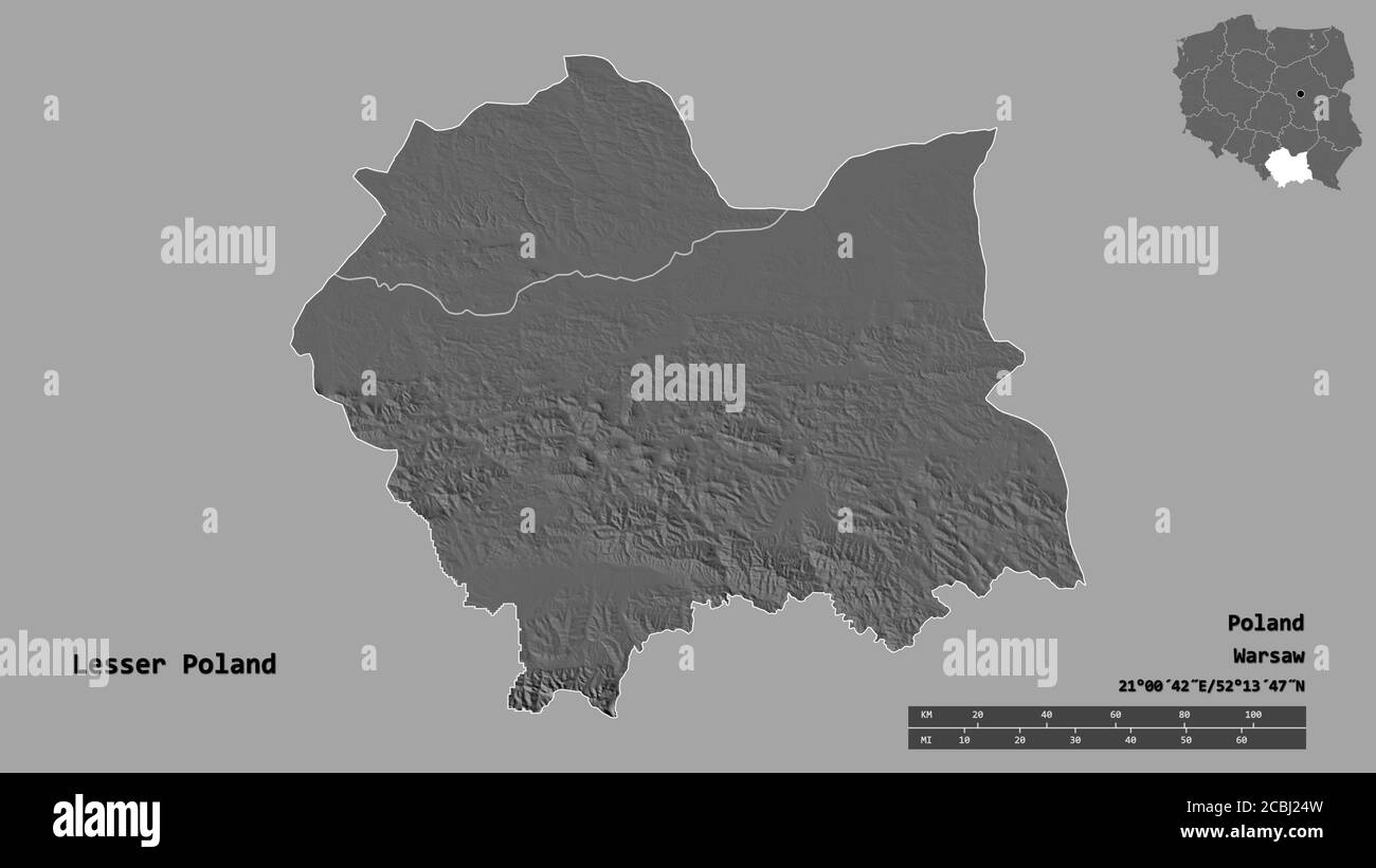 Forma della Polonia minore, voivodato di Polonia, con la sua capitale isolata su solido sfondo. Scala della distanza, anteprima della regione ed etichette. bilivello eleva Foto Stock