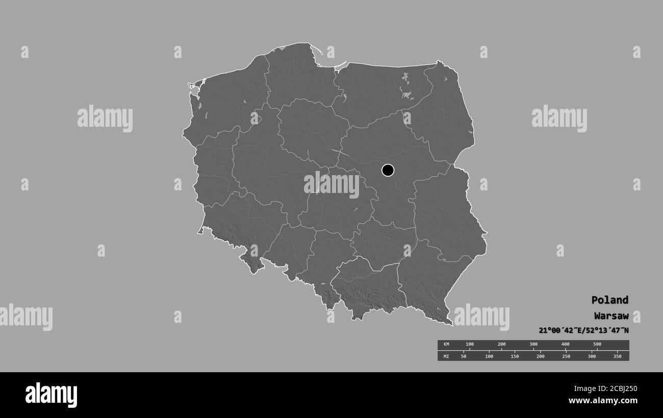 Forma desaturata della Polonia con la sua capitale, la principale divisione regionale e l'area separata della Polonia minore. Etichette. Mappa elevazione bilivello. Rendering 3D Foto Stock