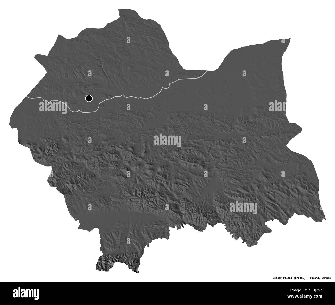 Forma della Polonia minore, voivodato di Polonia, con la sua capitale isolata su sfondo bianco. Mappa elevazione bilivello. Rendering 3D Foto Stock