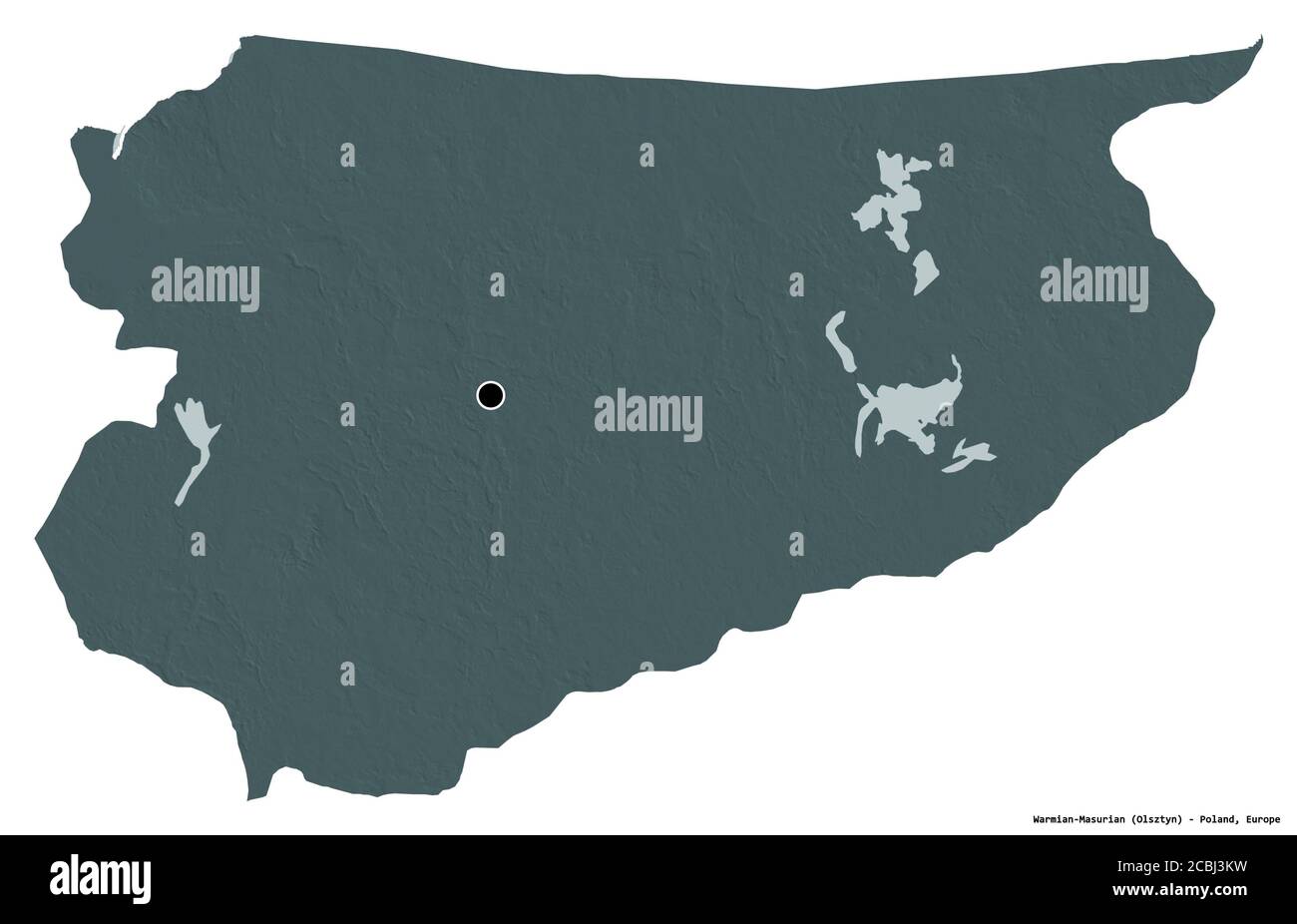 Forma di Warmian-Masurian, voivodato della Polonia, con la sua capitale isolata su sfondo bianco. Mappa di elevazione colorata. Rendering 3D Foto Stock