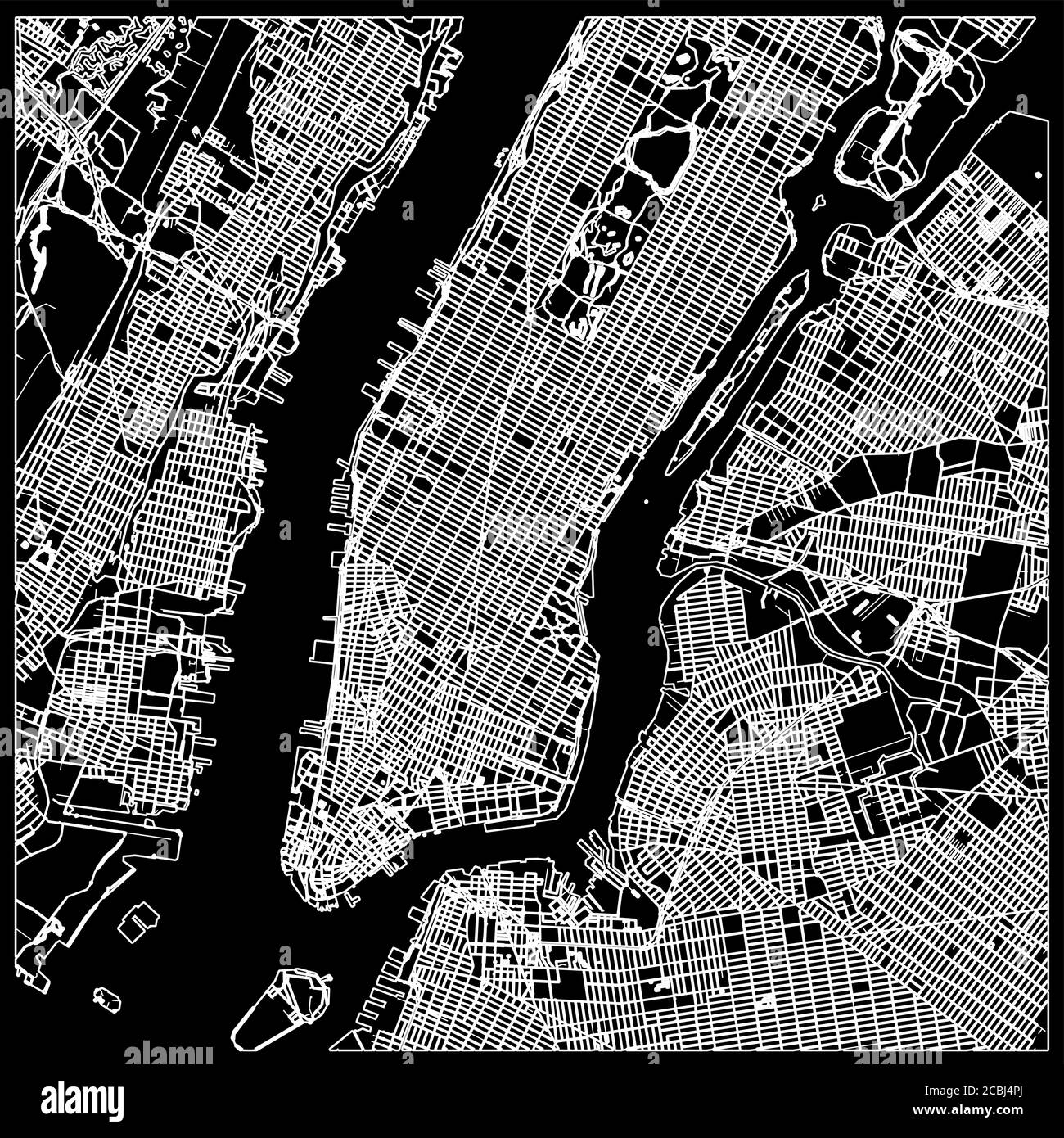 Manhattan nyc mappa su nero . Illustrazione in bianco e nero disegnata a mano. Simbolo dell'icona per la stampa e l'etichettatura. Illustrazione Vettoriale