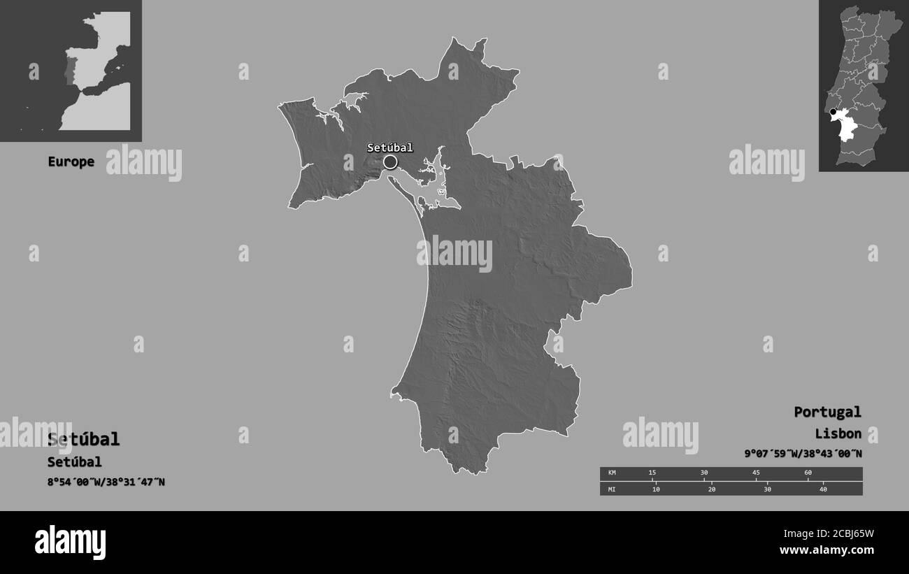 Forma di Setúbal, distretto del Portogallo, e la sua capitale. Scala della distanza, anteprime ed etichette. Mappa elevazione bilivello. Rendering 3D Foto Stock