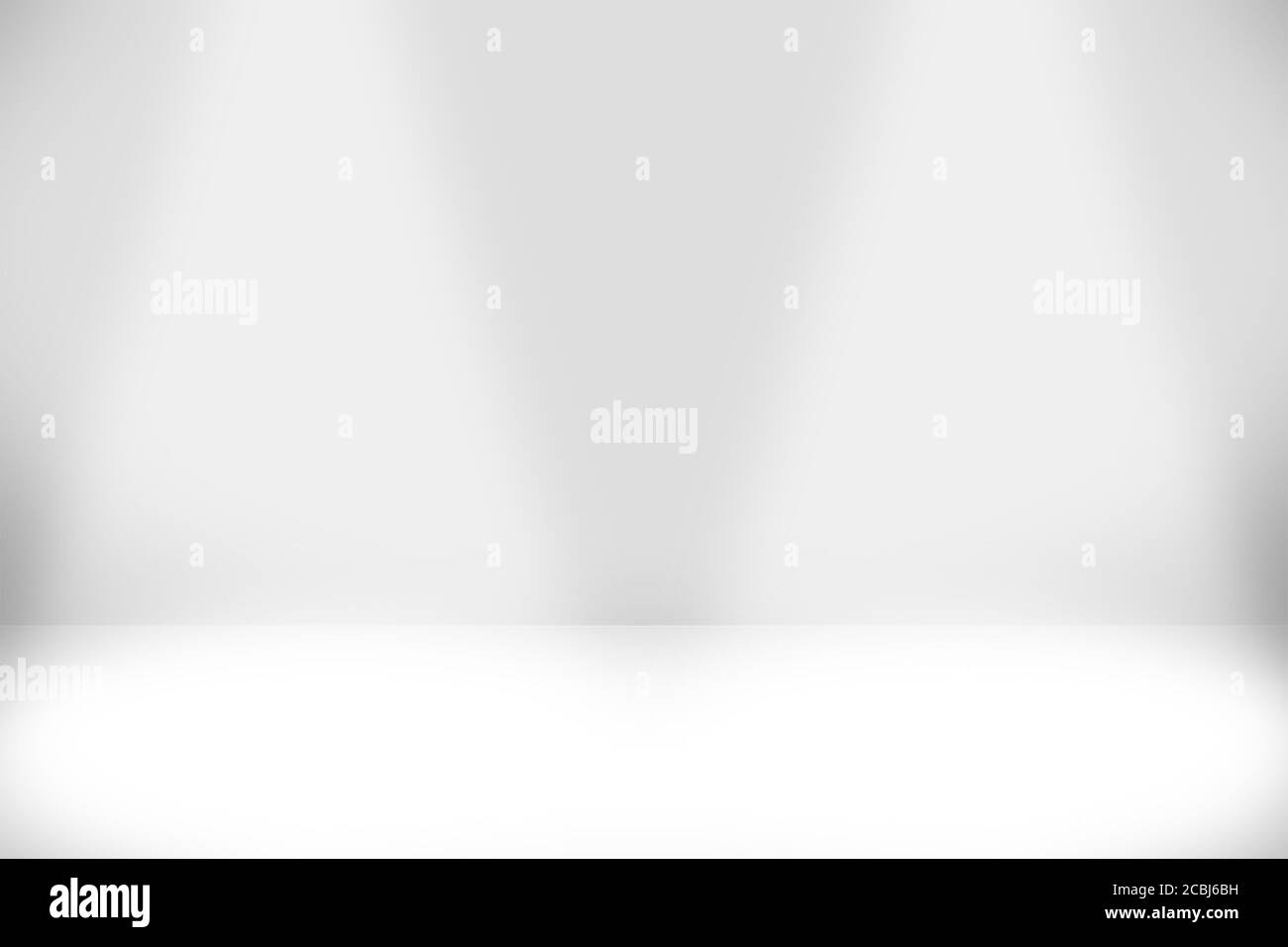 Sfondo bianco per il concetto di esposizione. Astratto gradiente grigio astratto sfondo vuoto con due faretti per l'esposizione. Foto Stock