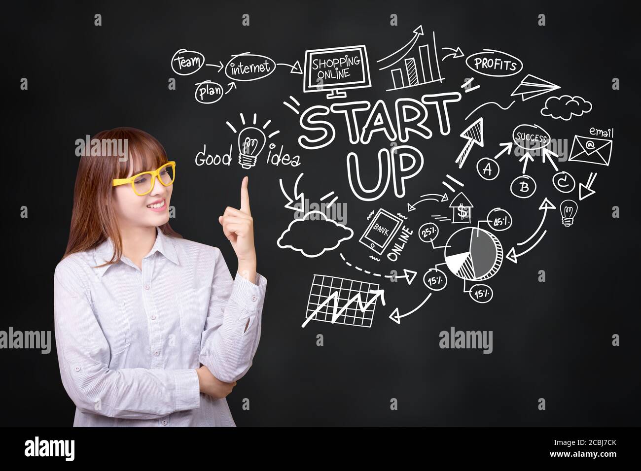 Business, startup, presentazione, strategia e concetto di persone: Giovane donna asiatica d'affari con un'idea grafica creativa per il piano di schizzo di impresa startup. Foto Stock