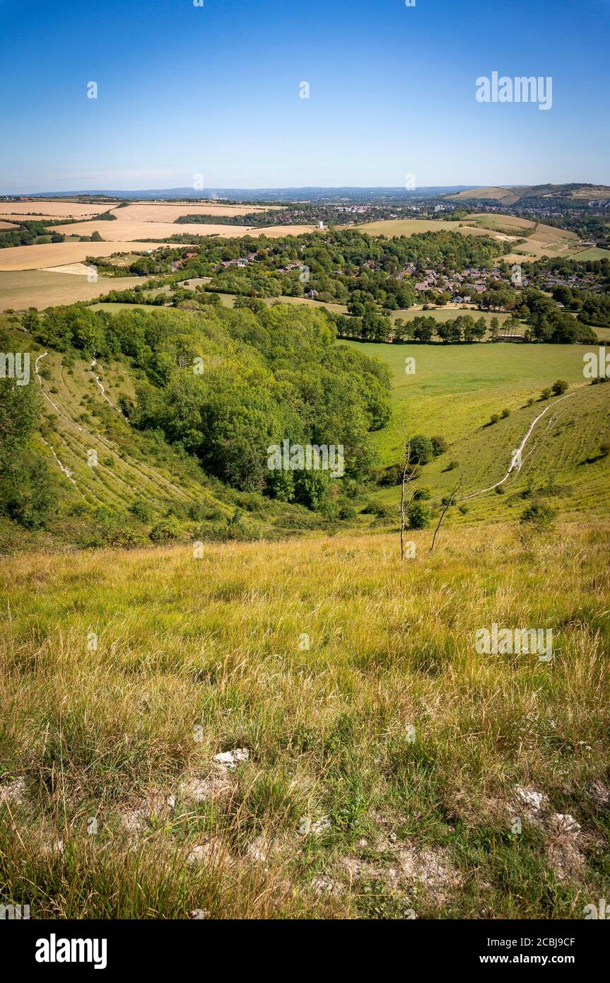 La vista da vicino alla pista di Juggs Road che si affaccia su Kingston vicino a Lewes, East Sussex, Regno Unito Foto Stock