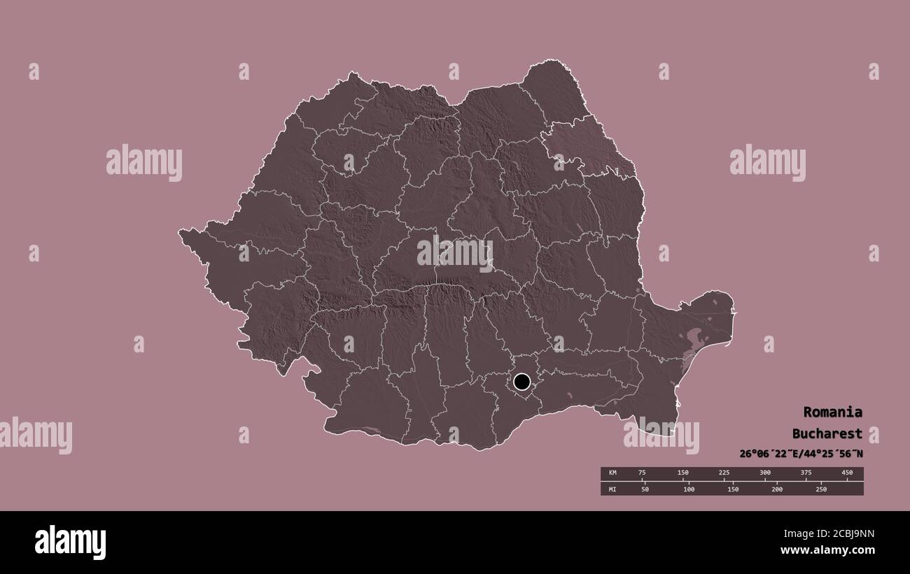 Forma desaturata della Romania con la sua capitale, la principale divisione regionale e la zona separata di Iași. Etichette. Mappa di elevazione colorata. Rendering 3D Foto Stock