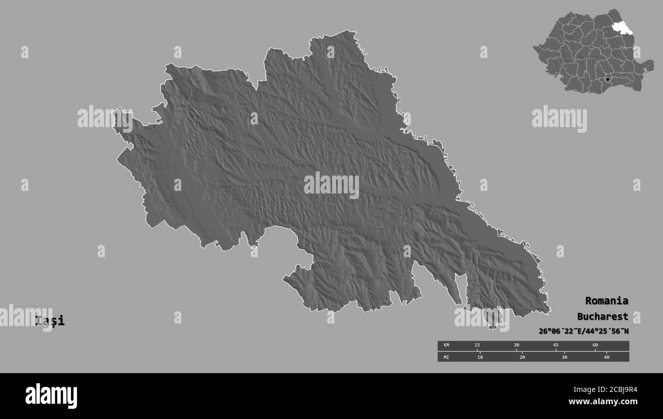Forma di Iași, contea della Romania, con la sua capitale isolata su solido sfondo. Scala della distanza, anteprima della regione ed etichette. Mappa elevazione bilivello. 3D Foto Stock
