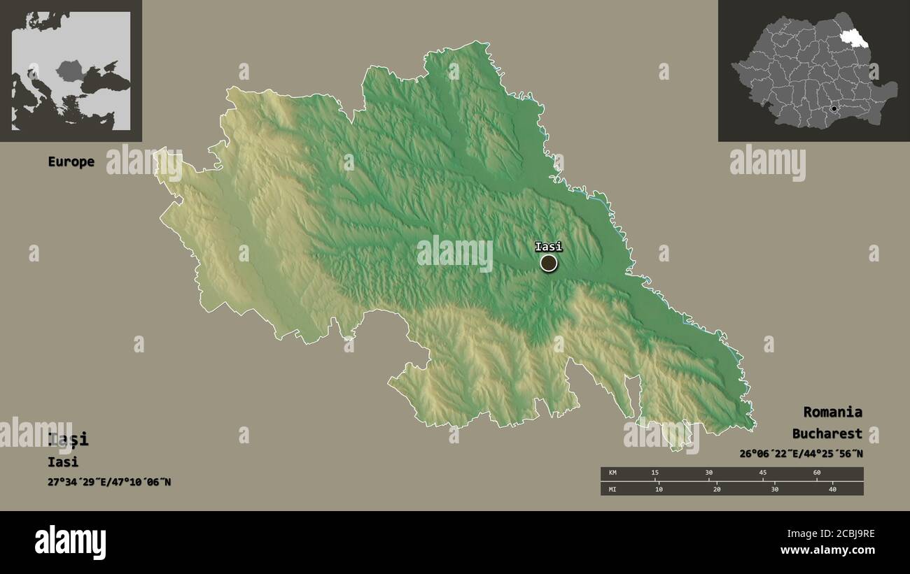 Forma di Iași, contea della Romania, e la sua capitale. Scala della distanza, anteprime ed etichette. Mappa di rilievo topografico. Rendering 3D Foto Stock