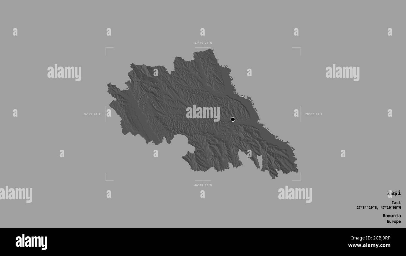 Area di Iași, contea della Romania, isolata su uno sfondo solido in una scatola di delimitazione georeferenziata. Etichette. Mappa elevazione bilivello. Rendering 3D Foto Stock