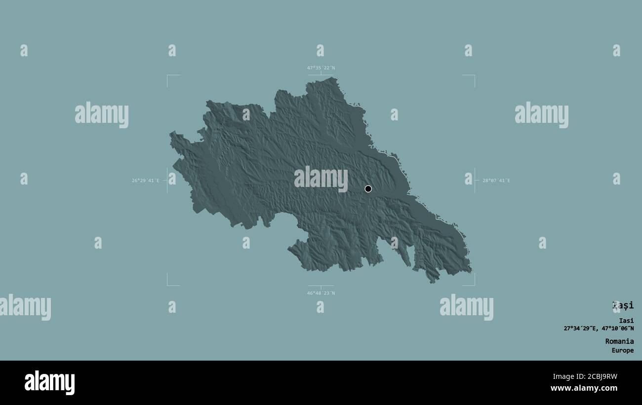 Area di Iași, contea della Romania, isolata su uno sfondo solido in una scatola di delimitazione georeferenziata. Etichette. Mappa di elevazione colorata. Rendering 3D Foto Stock