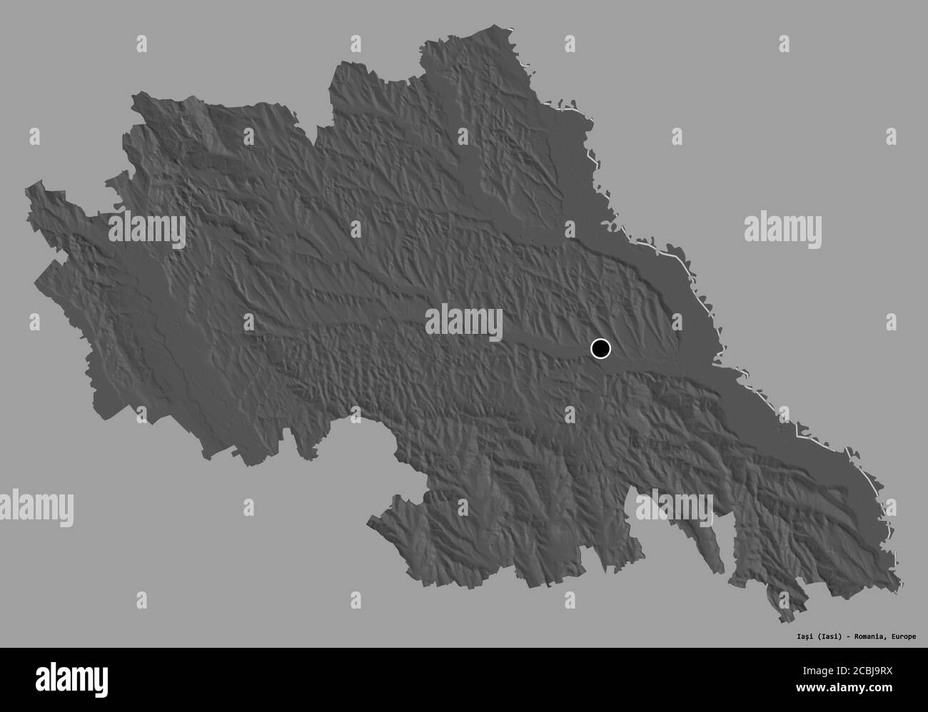 Forma di Iași, contea della Romania, con la sua capitale isolata su uno sfondo a tinta unita. Mappa elevazione bilivello. Rendering 3D Foto Stock