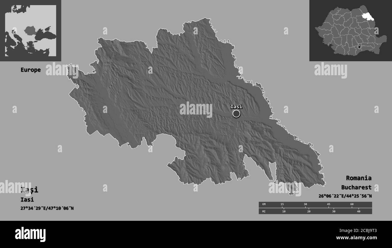 Forma di Iași, contea della Romania, e la sua capitale. Scala della distanza, anteprime ed etichette. Mappa elevazione bilivello. Rendering 3D Foto Stock
