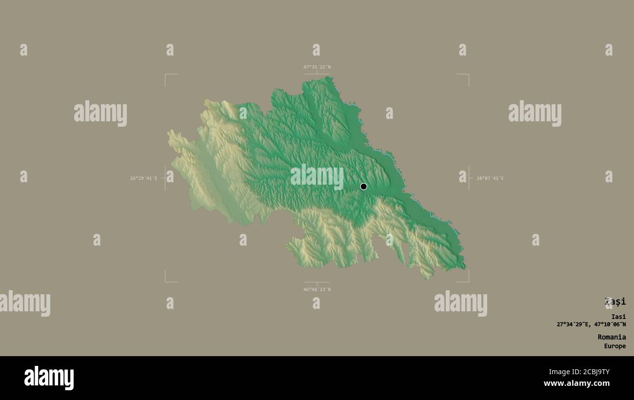 Area di Iași, contea della Romania, isolata su uno sfondo solido in una scatola di delimitazione georeferenziata. Etichette. Mappa di rilievo topografico. Rendering 3D Foto Stock