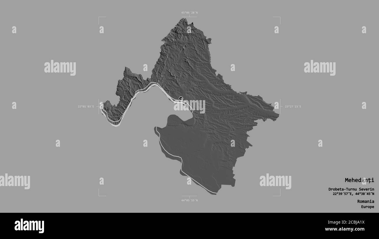 Area di Mehedinți, contea della Romania, isolata su uno sfondo solido in una scatola di delimitazione georeferenziata. Etichette. Mappa elevazione bilivello. Rendering 3D Foto Stock