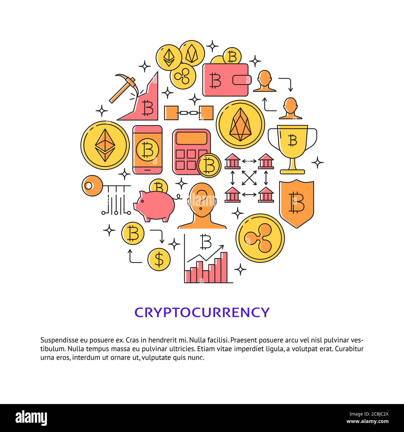 Poster con concetto rotondo di criptovaluta con posto per il testo. Banner valuta alternativa con simboli di moneta digitale e bitcoin in stile linea colorato. VEC Illustrazione Vettoriale